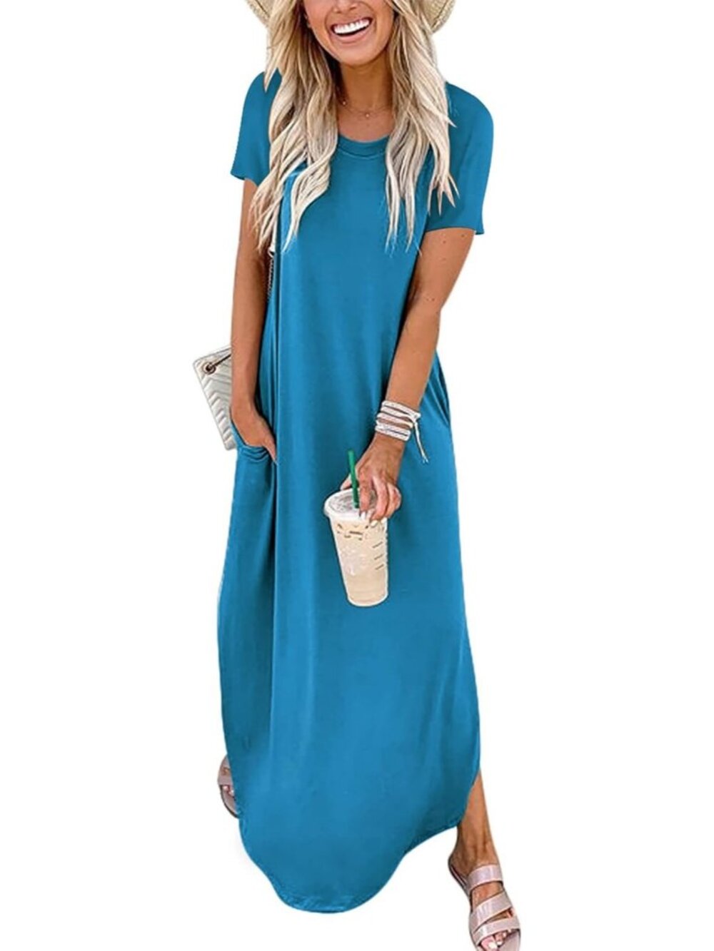 Women's Sky Summer Maxi Dress Short Sleeve Casual Split Beach Long T Shirt